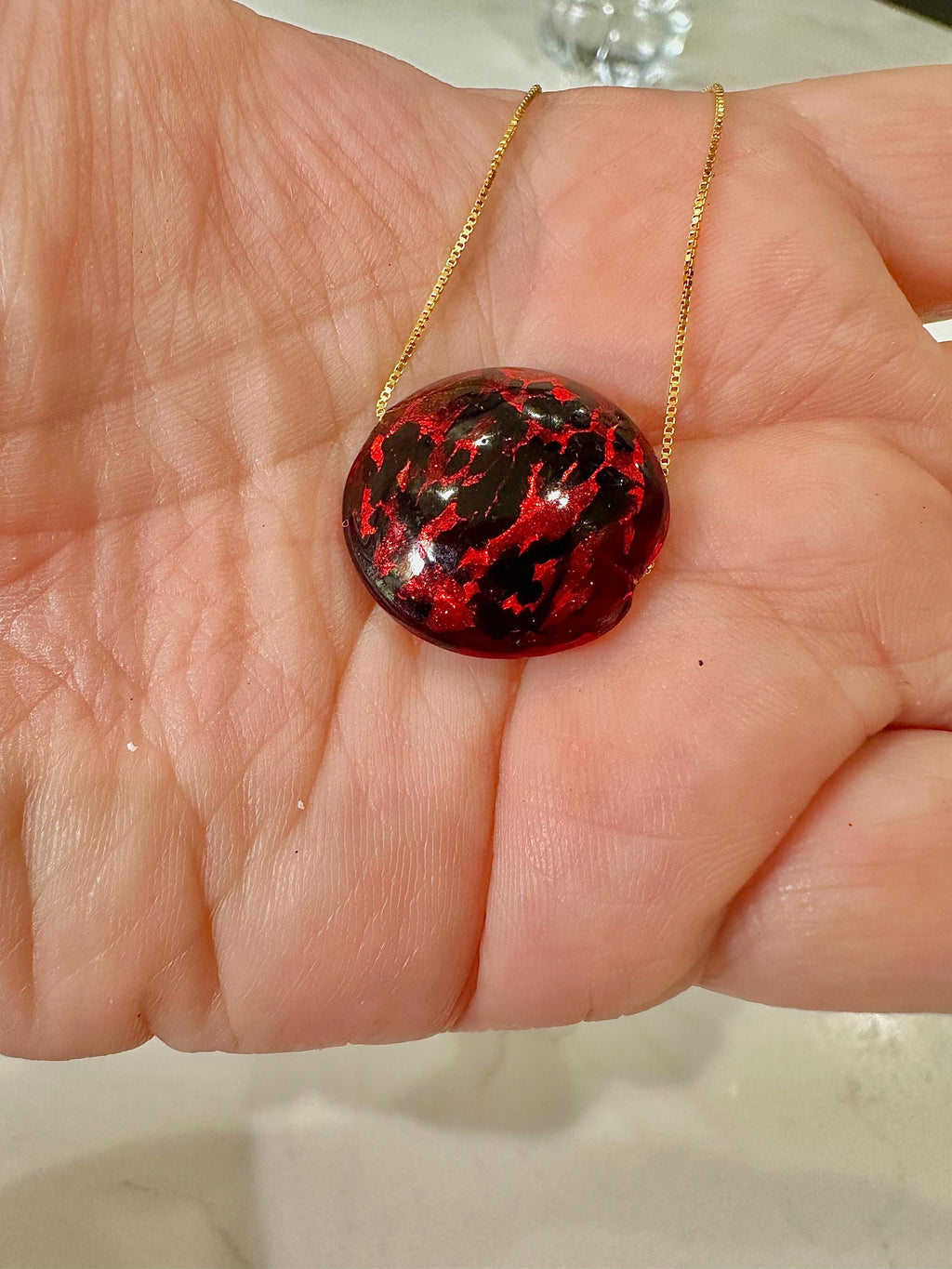 20mm Red Patterned Murano Glass on Sterling Chain Yellow Gold or Silver