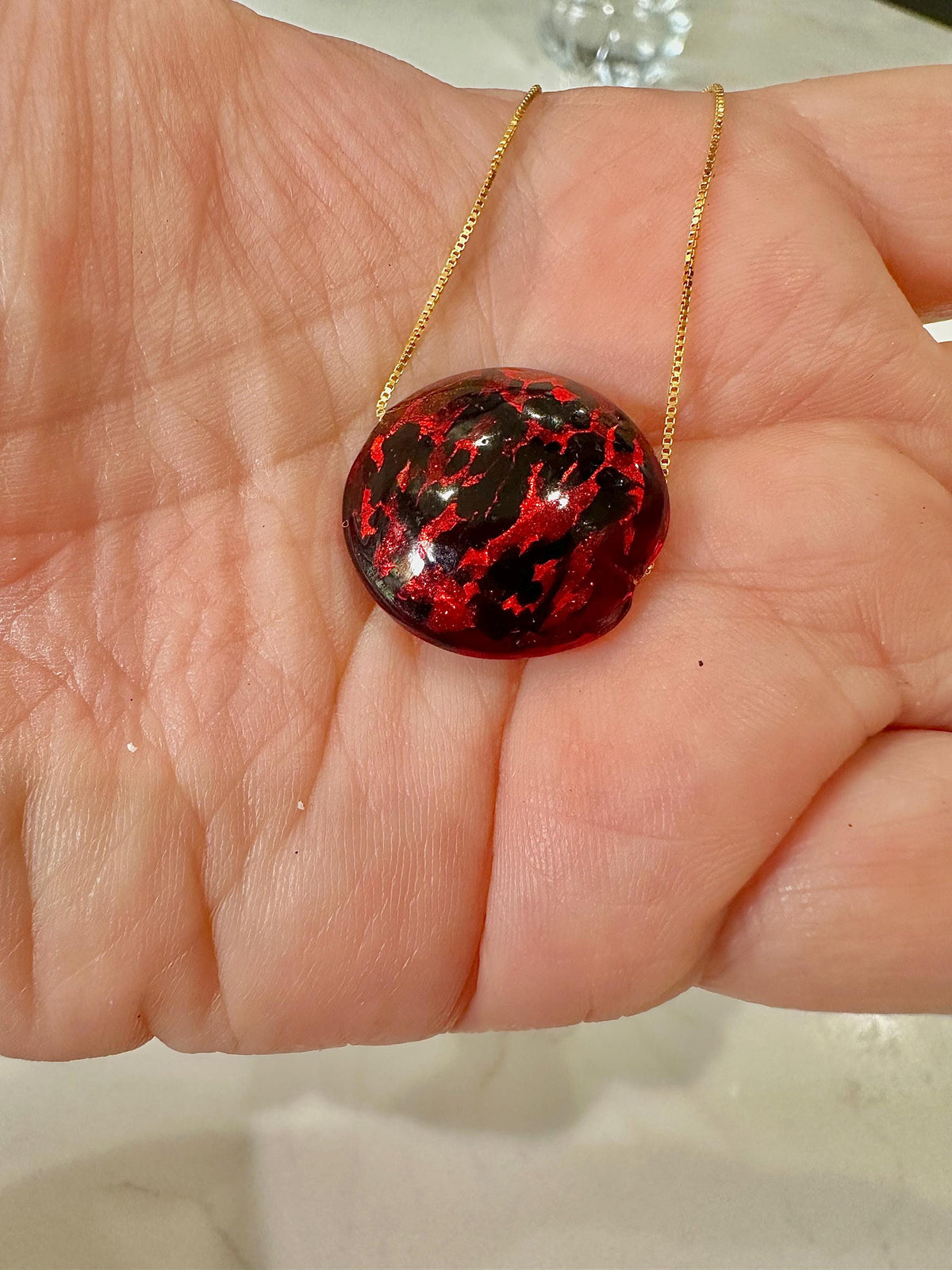 20mm Red Patterned Murano Glass on Sterling Chain Yellow Gold or Silver