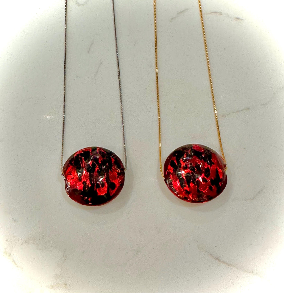 20mm Red Patterned Murano Glass on Sterling Chain Yellow Gold or Silver