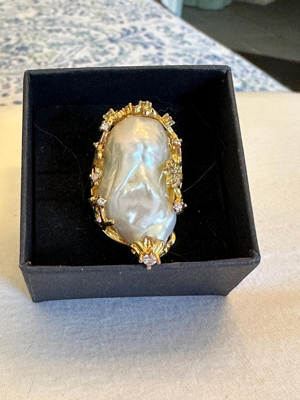 Giant Baroque Pearl Ring: 14k White or Yellow Gold Plated, Adjustable