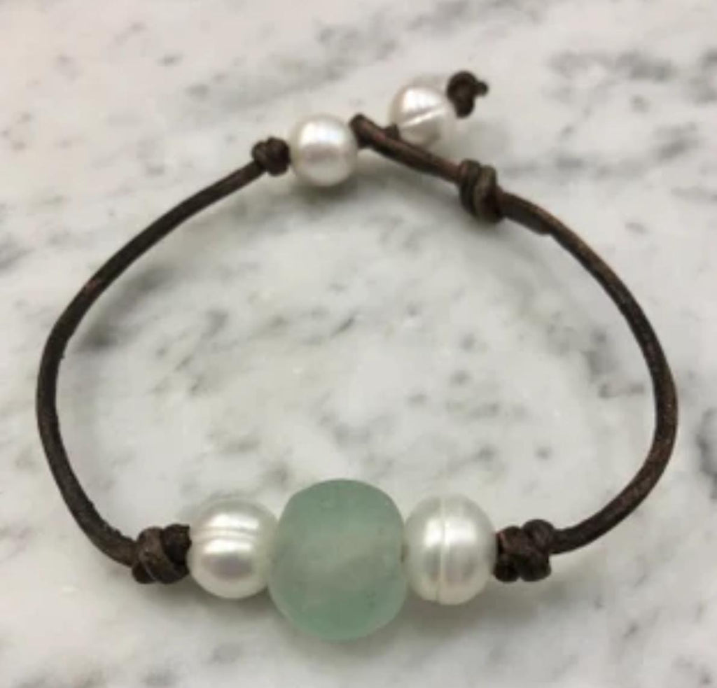 Ice Blue Seaglass and Freshwater Pearl bracelet