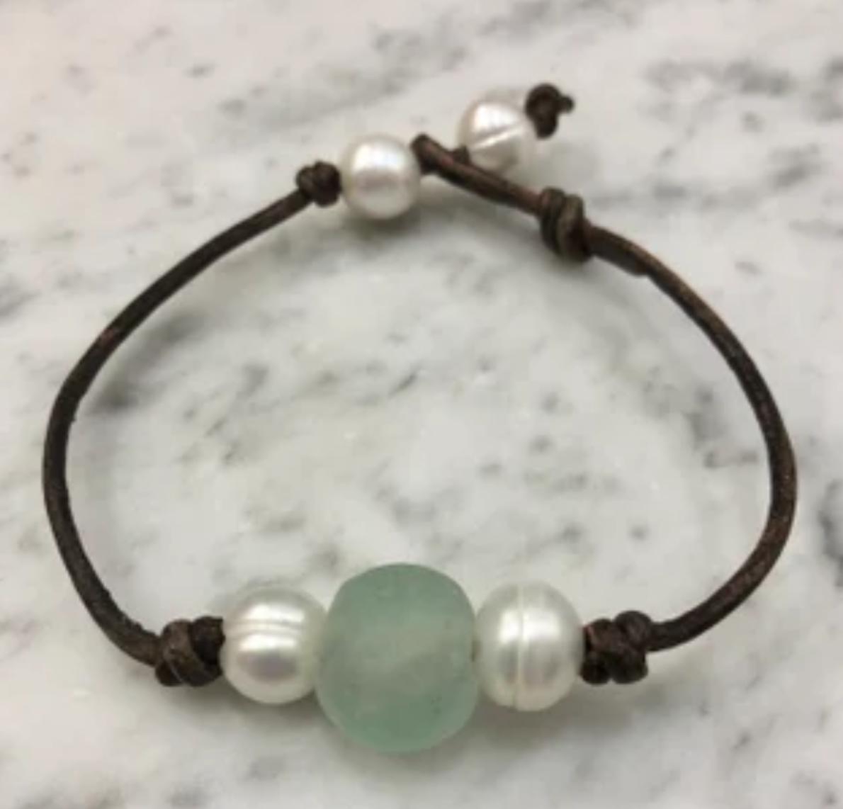 Ice Blue Seaglass and Freshwater Pearl bracelet