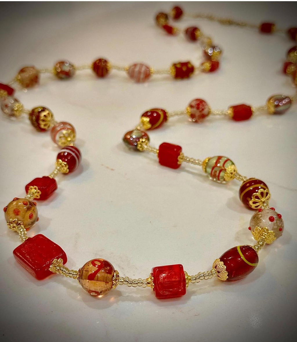 Red Murano Glass Bead Necklace: Venetian Lampwork, Gold Findings