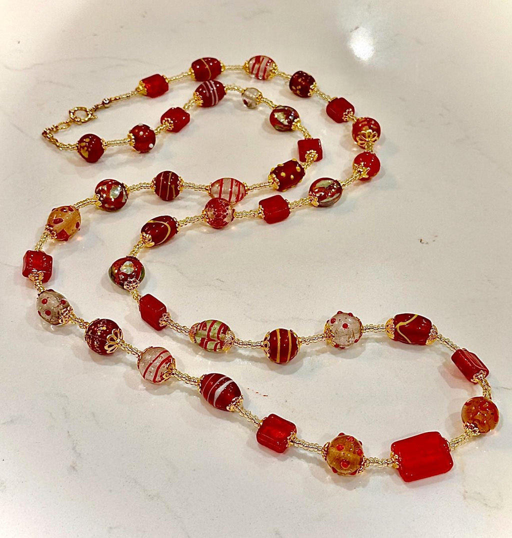 Red Murano Glass Bead Necklace: Venetian Lampwork, Gold Findings