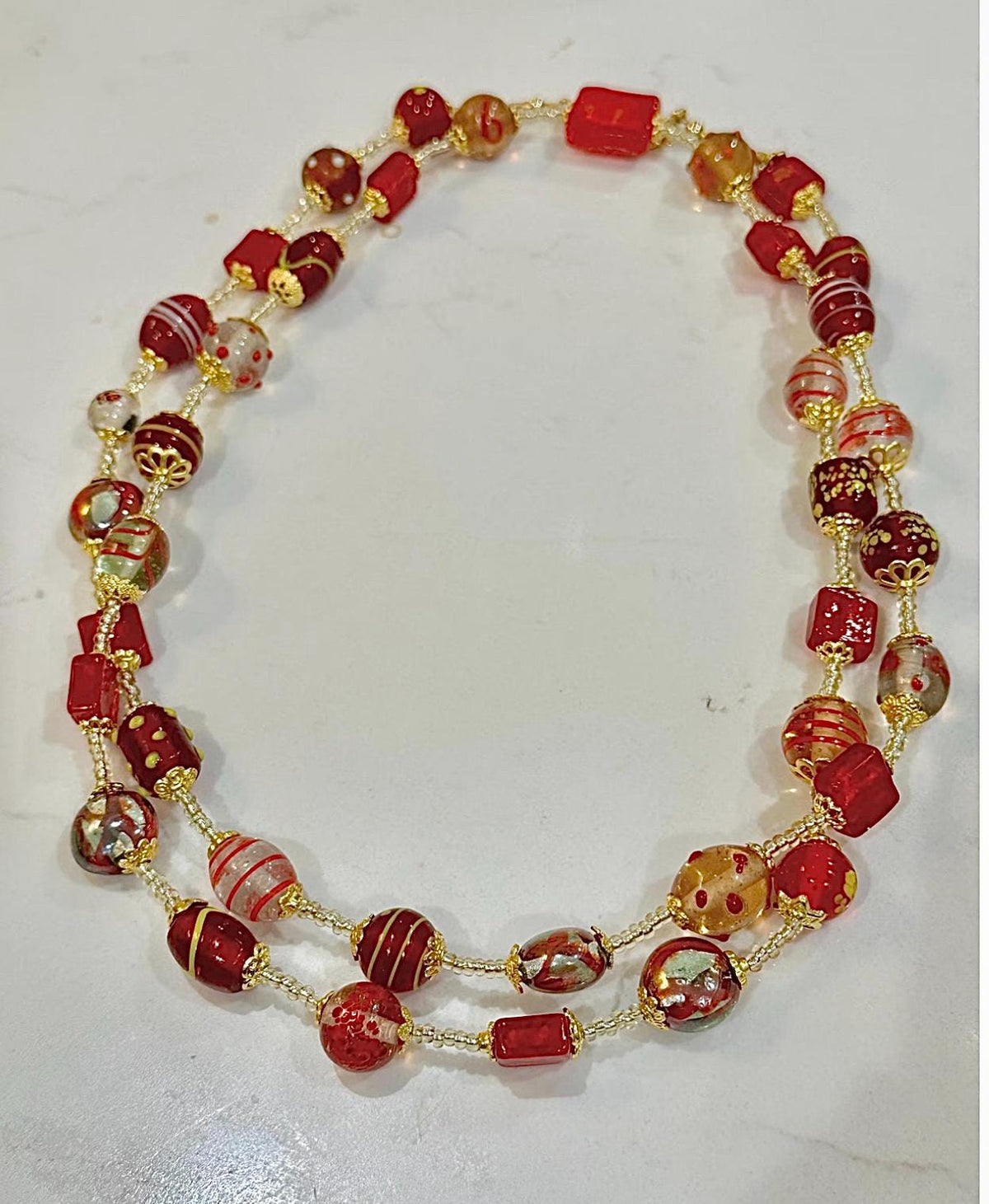 Red Murano Glass Bead Necklace: Venetian Lampwork, Gold Findings
