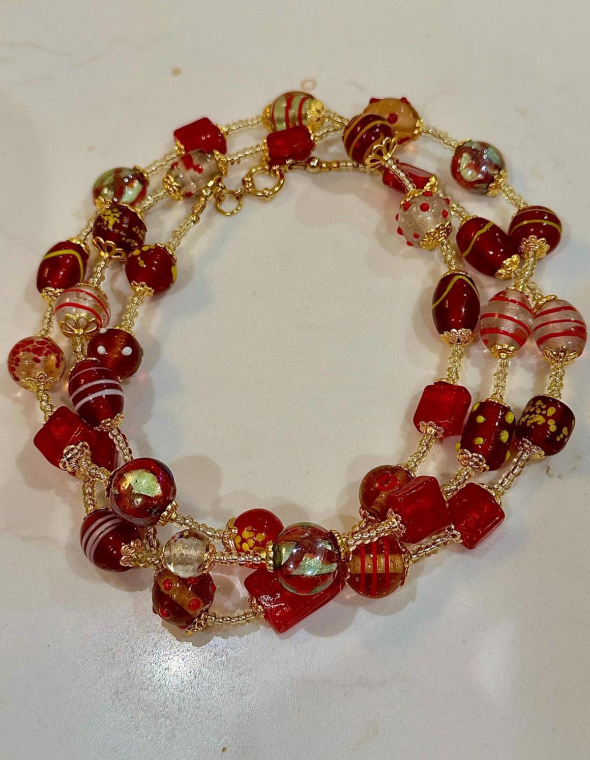 Red Murano Glass Bead Necklace: Venetian Lampwork, Gold Findings