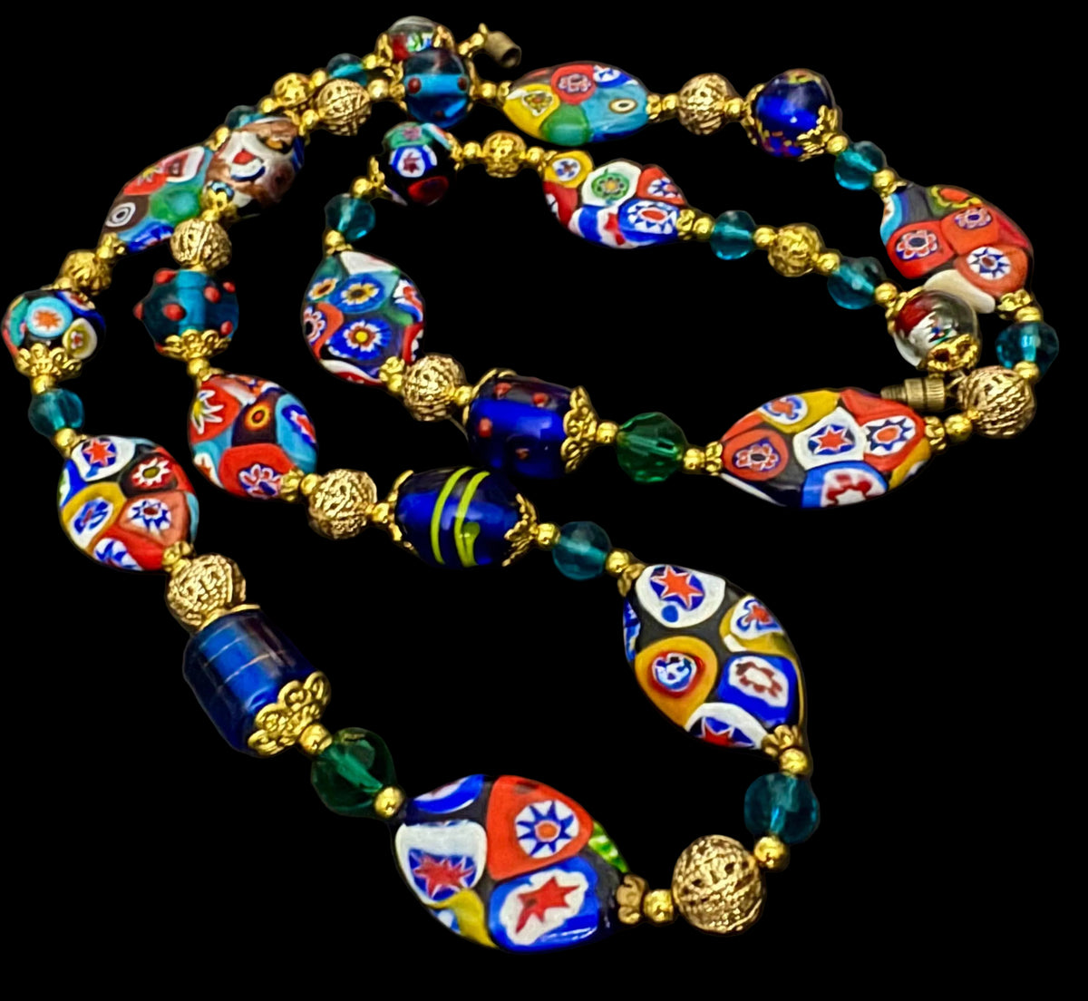 Rosario Leonardi Venetian Millefiori Murano Beaded 28” Necklace-Featuring Vintage Snowshoe Millefiori Beads
