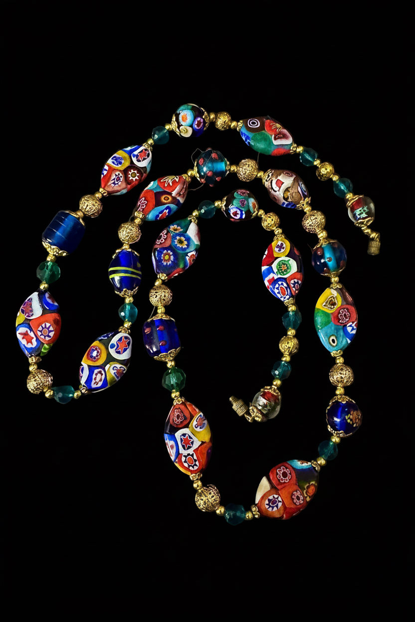 Rosario Leonardi Venetian Millefiori Murano Beaded 28” Necklace-Featuring Vintage Snowshoe Millefiori Beads