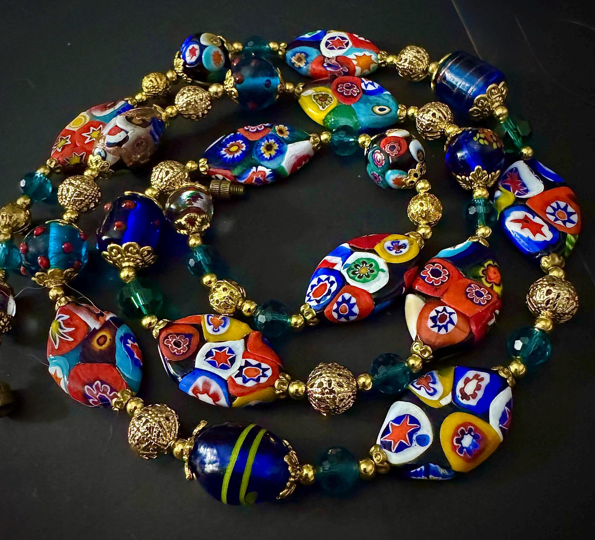 Rosario Leonardi Venetian Millefiori Murano Beaded 28” Necklace-Featuring Vintage Snowshoe Millefiori Beads