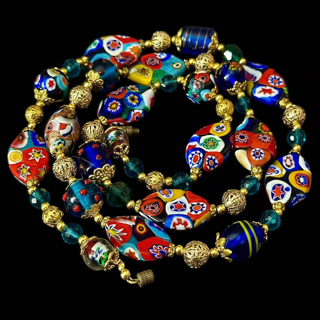 Rosario Leonardi Venetian Millefiori Murano Beaded 28” Necklace-Featuring Vintage Snowshoe Millefiori Beads