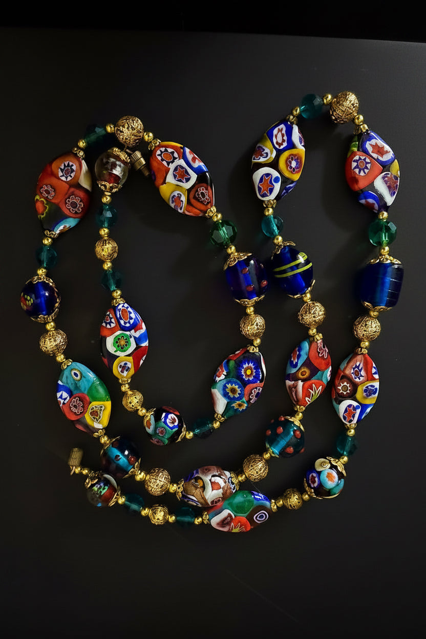 Rosario Leonardi Venetian Millefiori Murano Beaded 28” Necklace-Featuring Vintage Snowshoe Millefiori Beads