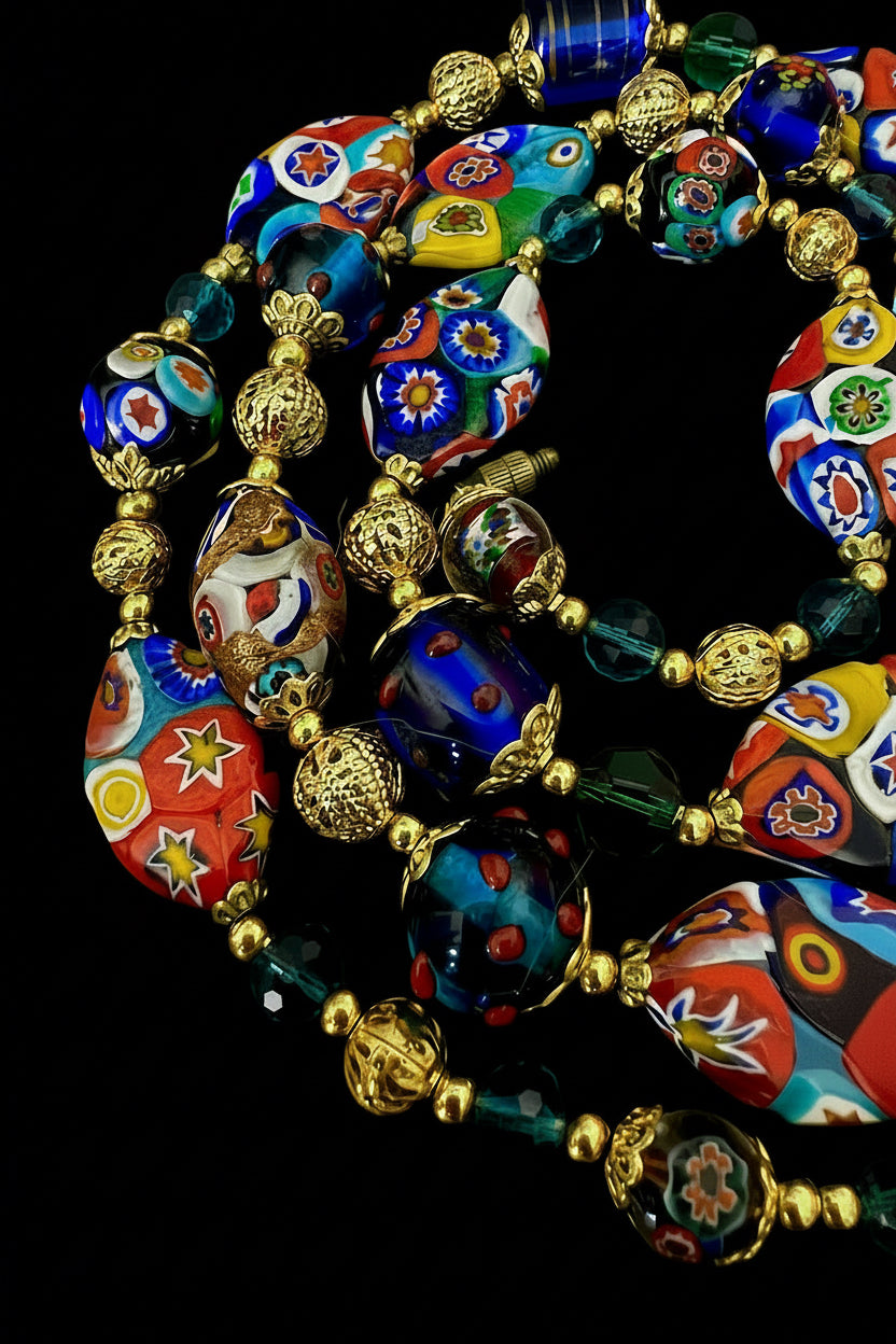 Rosario Leonardi Venetian Millefiori Murano Beaded 28” Necklace-Featuring Vintage Snowshoe Millefiori Beads