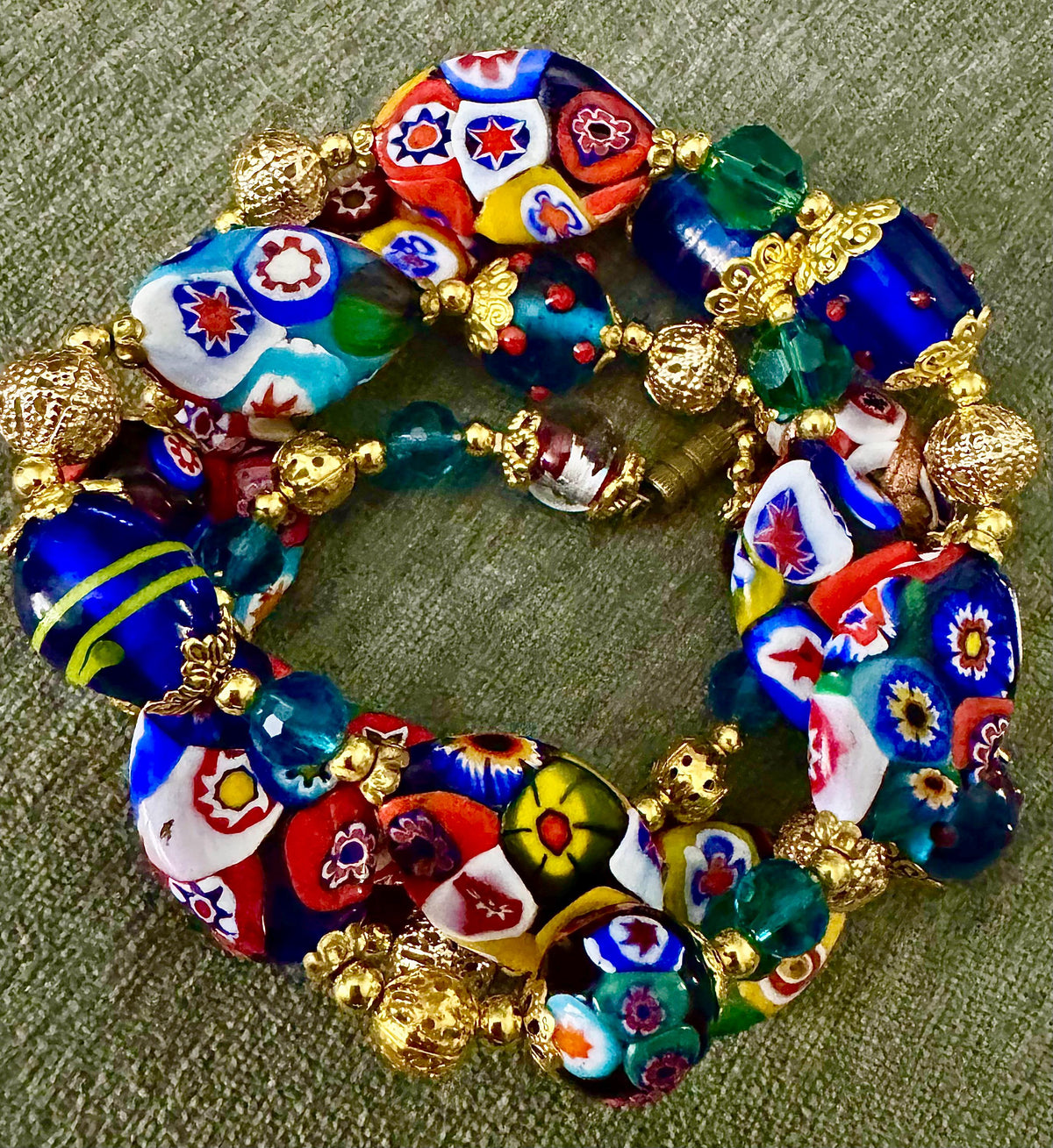 Rosario Leonardi Venetian Millefiori Murano Beaded 28” Necklace-Featuring Vintage Snowshoe Millefiori Beads