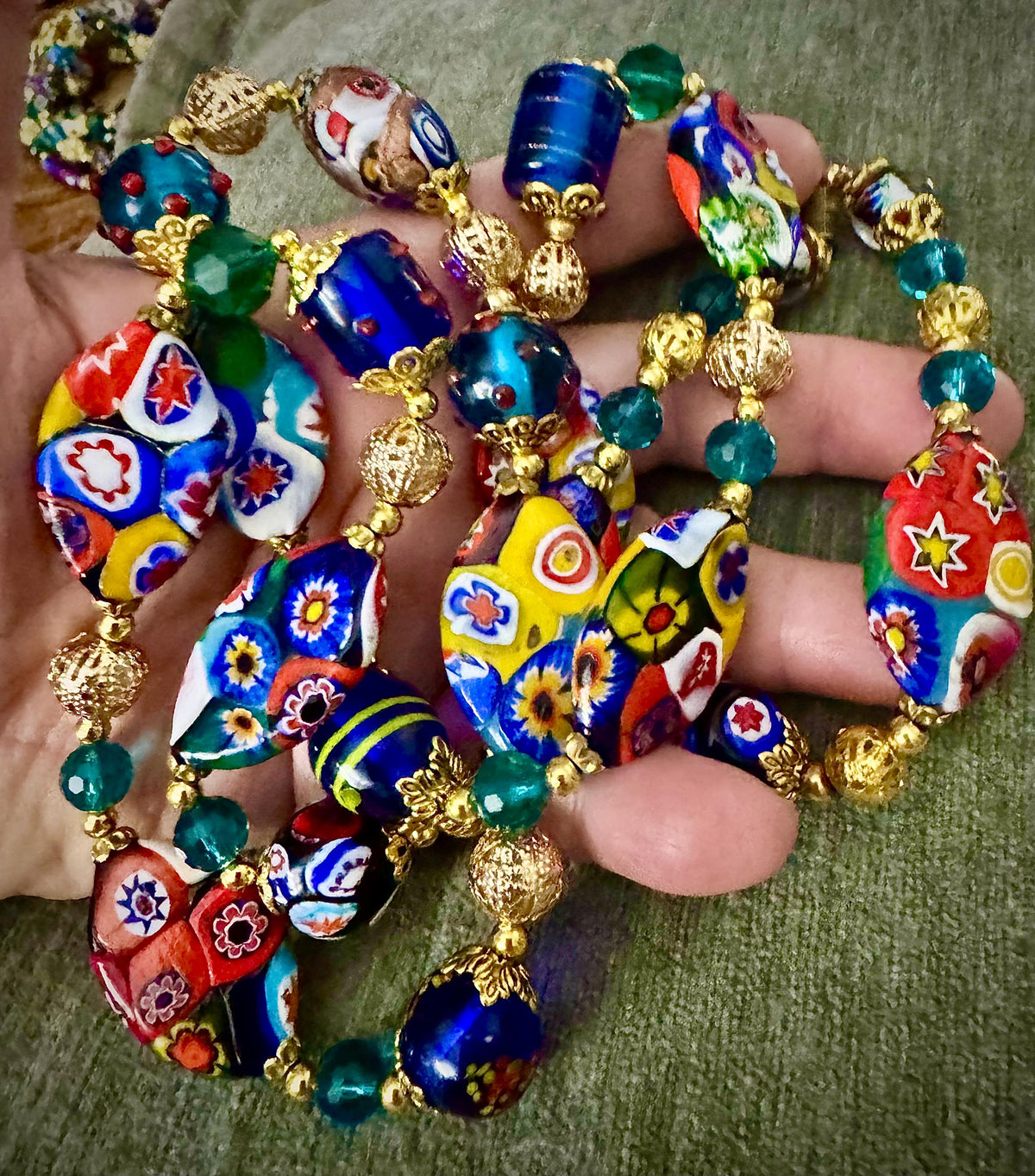 Rosario Leonardi Venetian Millefiori Murano Beaded 28” Necklace-Featuring Vintage Snowshoe Millefiori Beads