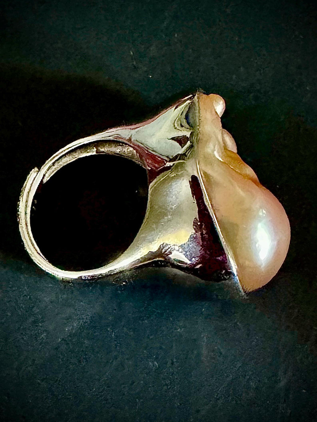 Heavy, Solid, Chunky Sterling Silver GIANT Peach Iridescent Flameball Pearl Statement Ring