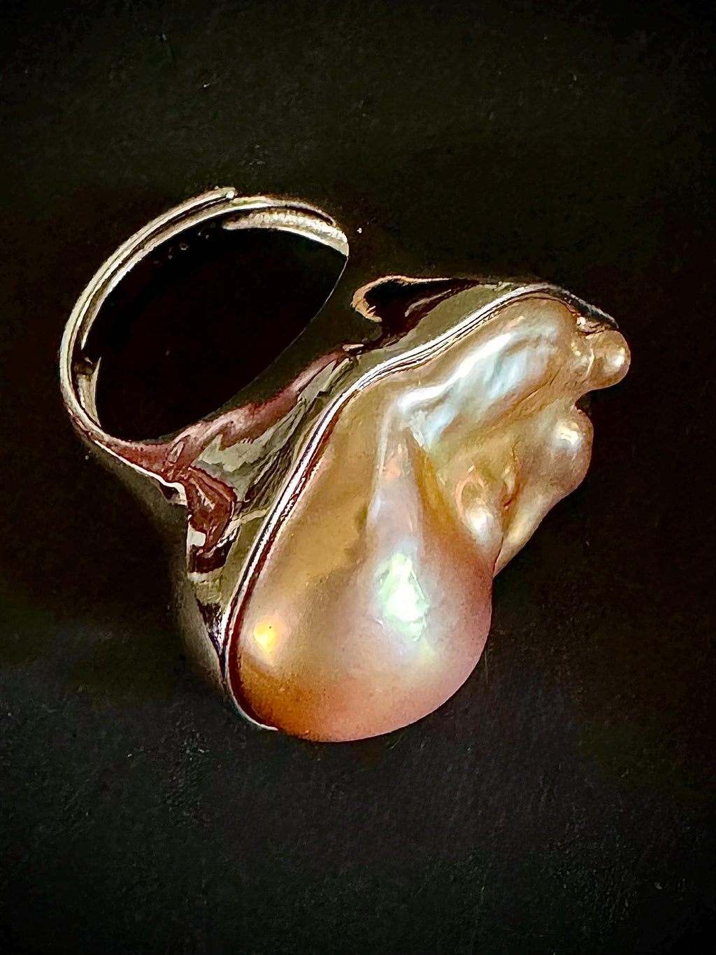Heavy, Solid, Chunky Sterling Silver GIANT Peach Iridescent Flameball Pearl Statement Ring