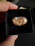 Heavy, Solid, Chunky Sterling Silver GIANT Peach Iridescent Flameball Pearl Statement Ring