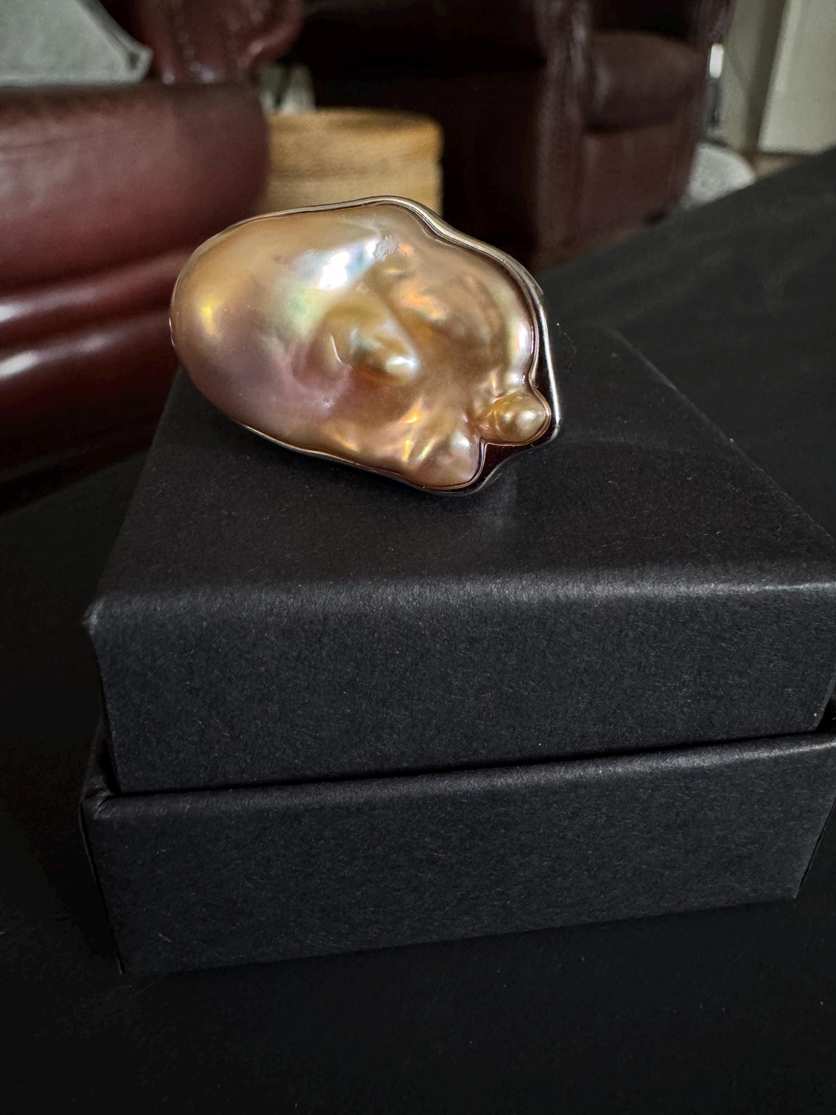 Heavy, Solid, Chunky Sterling Silver GIANT Peach Iridescent Flameball Pearl Statement Ring