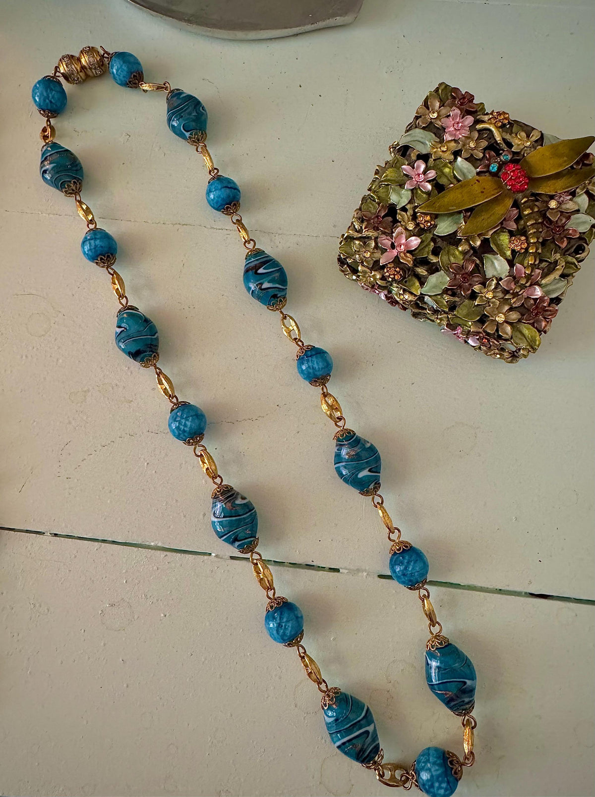 Rosario Leonardi Czech Aventurine Blue Torquoise Glass Necklace
