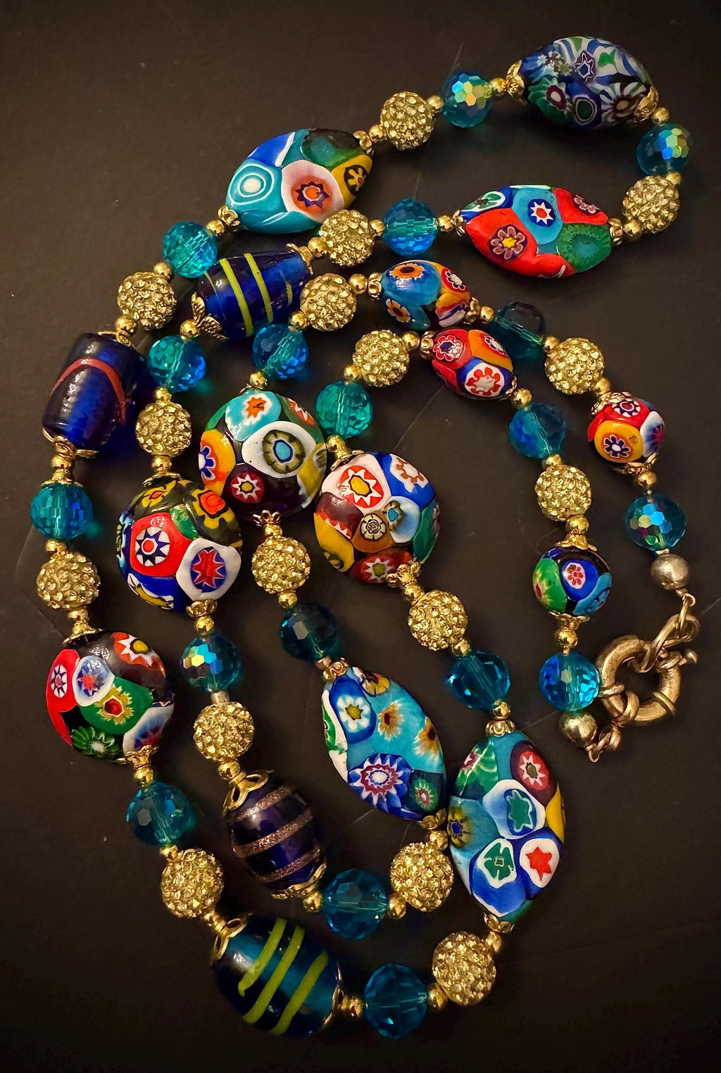 Vintage Murano Millefiori Glass Necklace, Aqua Crystals, Art Deco Style