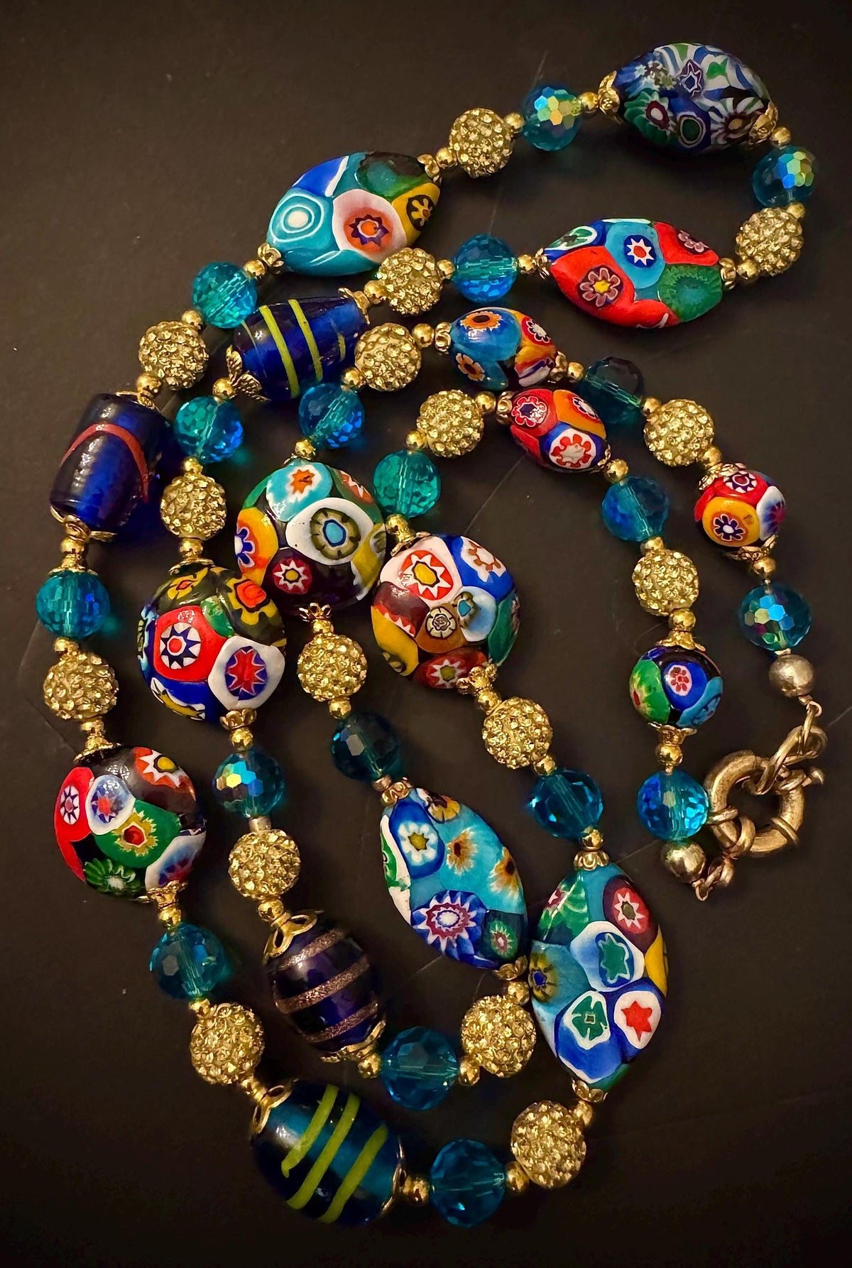 Vintage Murano Millefiori Glass Necklace, Aqua Crystals, Art Deco Style