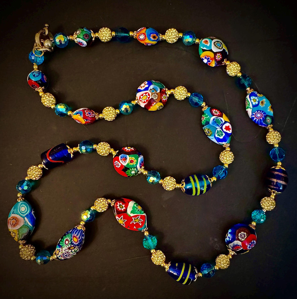 Vintage Murano Millefiori Glass Necklace, Aqua Crystals, Art Deco Style