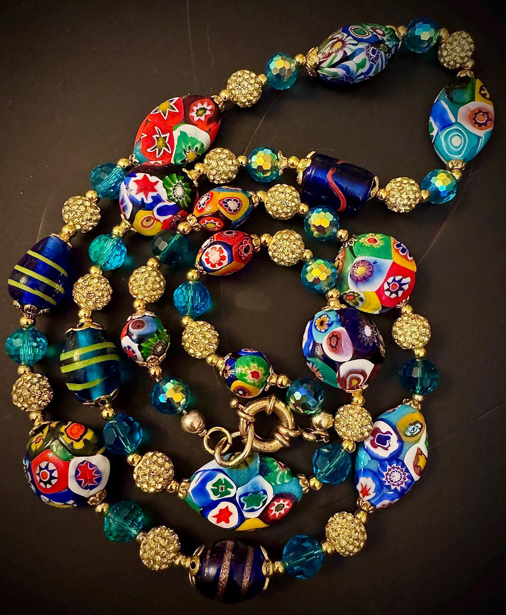 Vintage Murano Millefiori Glass Necklace, Aqua Crystals, Art Deco Style