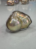 Chunky Sterling Silver GIANT Champagne Iridescent Flameball Pearl Statement Ring