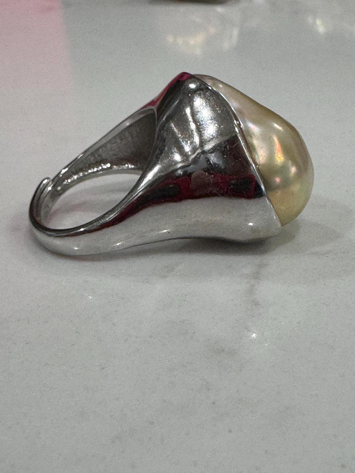 Chunky Sterling Silver GIANT Champagne Iridescent Flameball Pearl Statement Ring