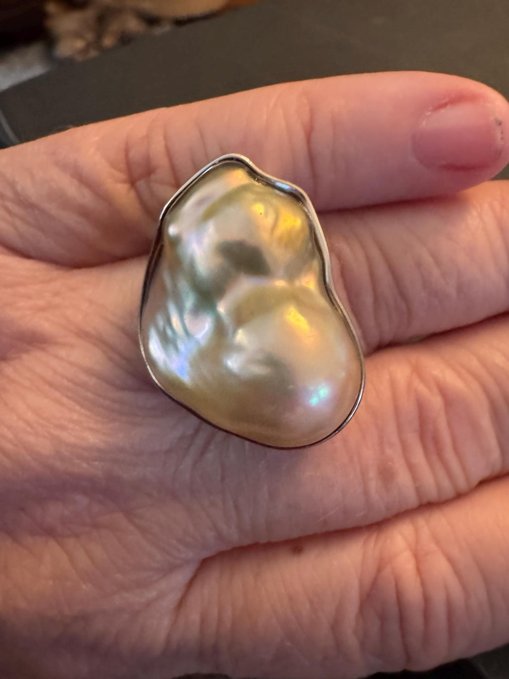 Chunky Sterling Silver GIANT Champagne Iridescent Flameball Pearl Statement Ring