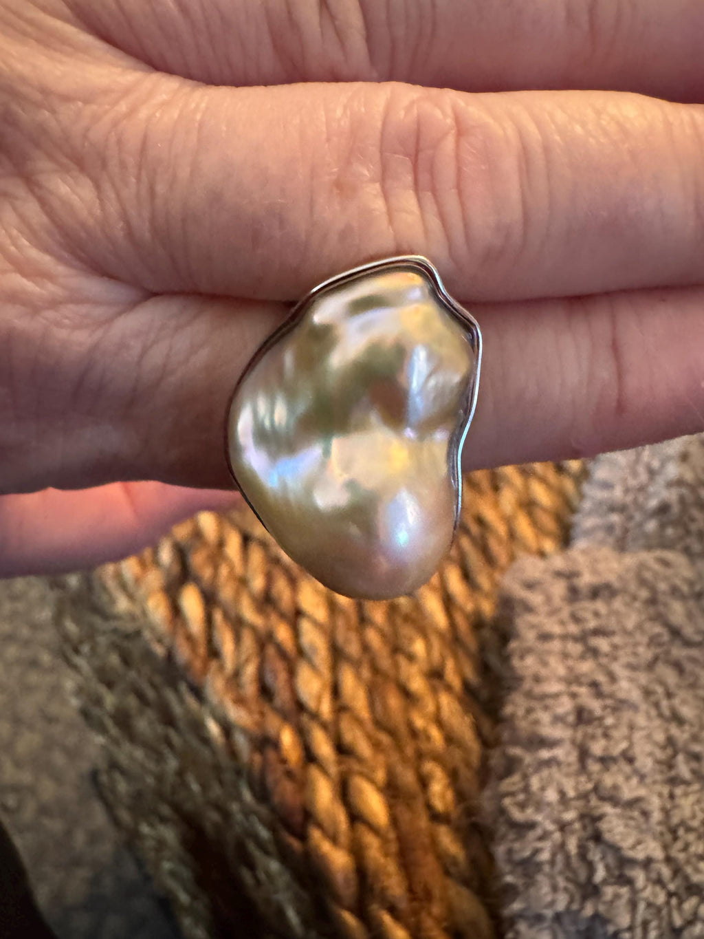 Chunky Sterling Silver GIANT Champagne Iridescent Flameball Pearl Statement Ring