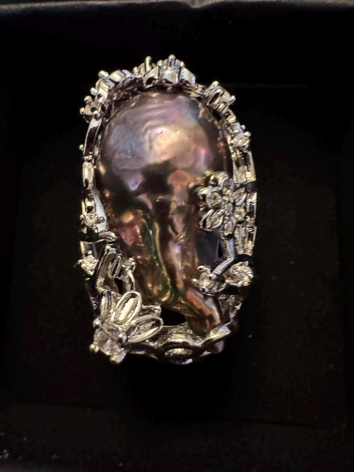 Giant Black Baroque Pearl Ring: Iridescent 14k White Gold Plated Alloy, Adjustable