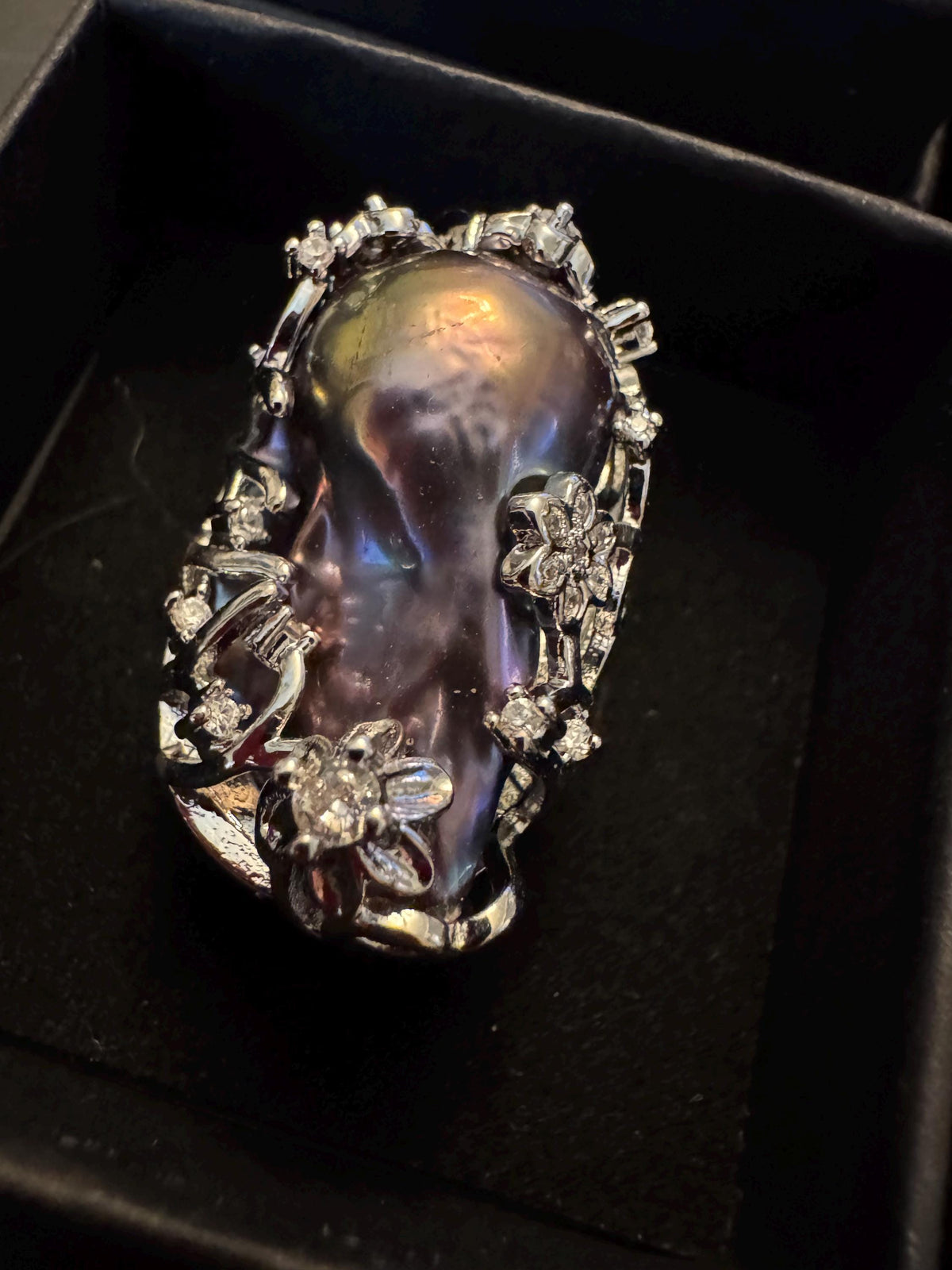 Giant Black Baroque Pearl Ring: Iridescent 14k White Gold Plated Alloy, Adjustable