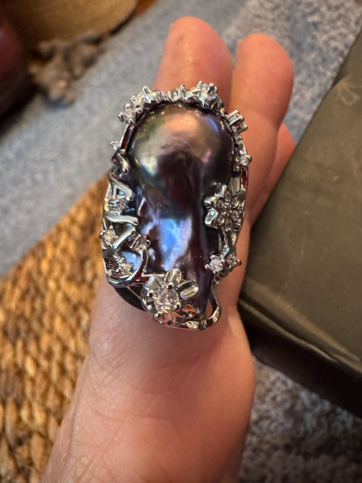Giant Black Baroque Pearl Ring: Iridescent 14k White Gold Plated Alloy, Adjustable