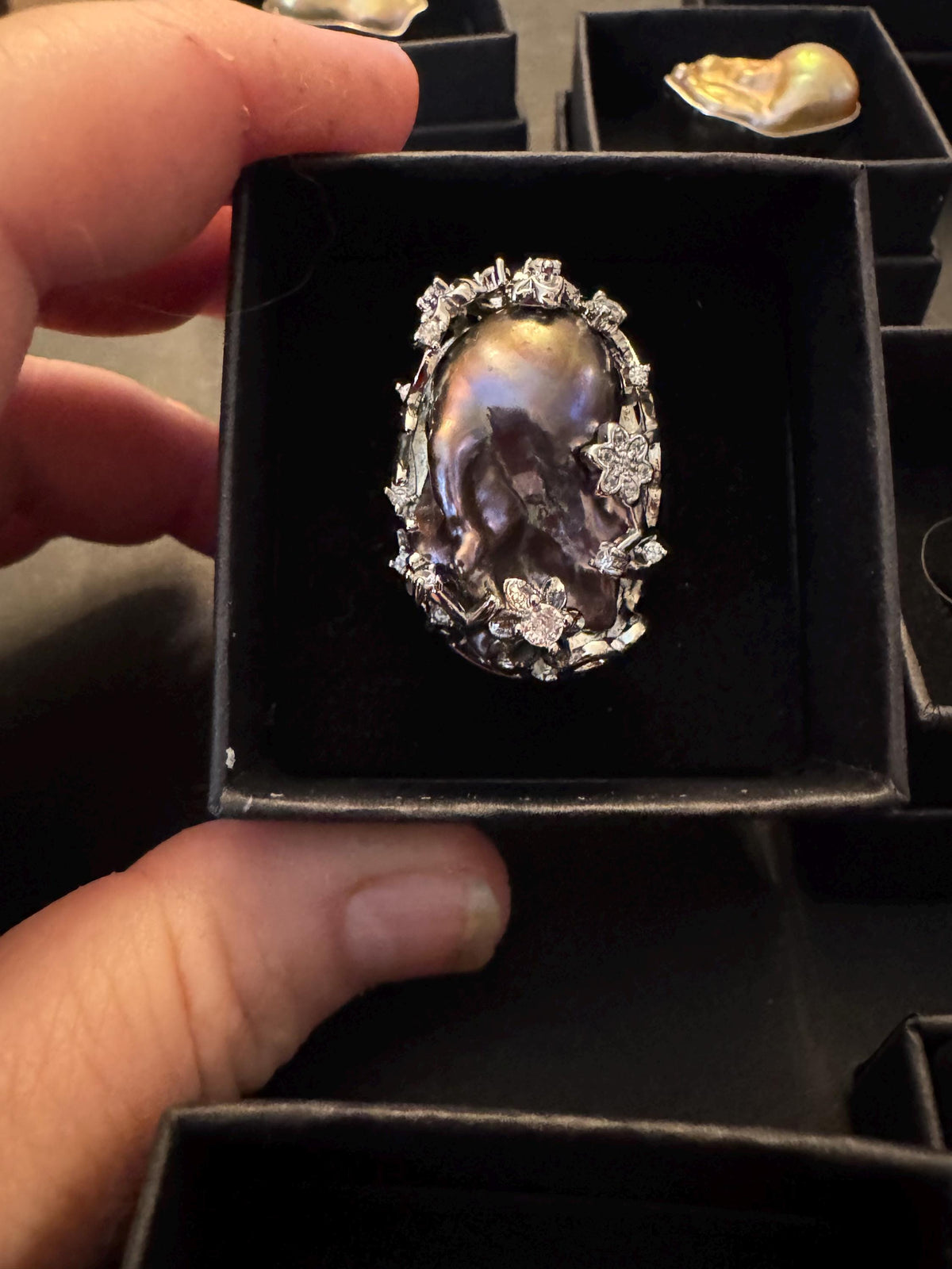 Giant Black Baroque Pearl Ring: Iridescent 14k White Gold Plated Alloy, Adjustable