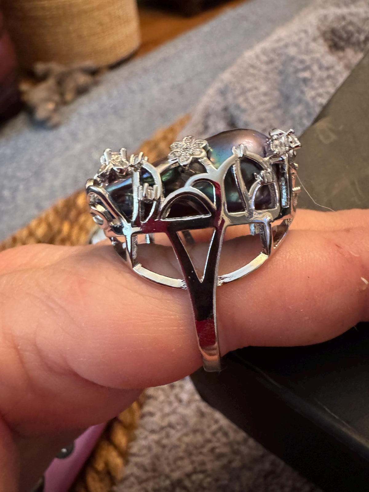 Giant Black Baroque Pearl Ring: Iridescent 14k White Gold Plated Alloy, Adjustable
