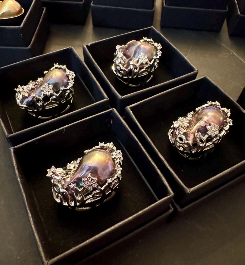 Giant Black Baroque Pearl Ring: Iridescent 14k White Gold Plated Alloy, Adjustable