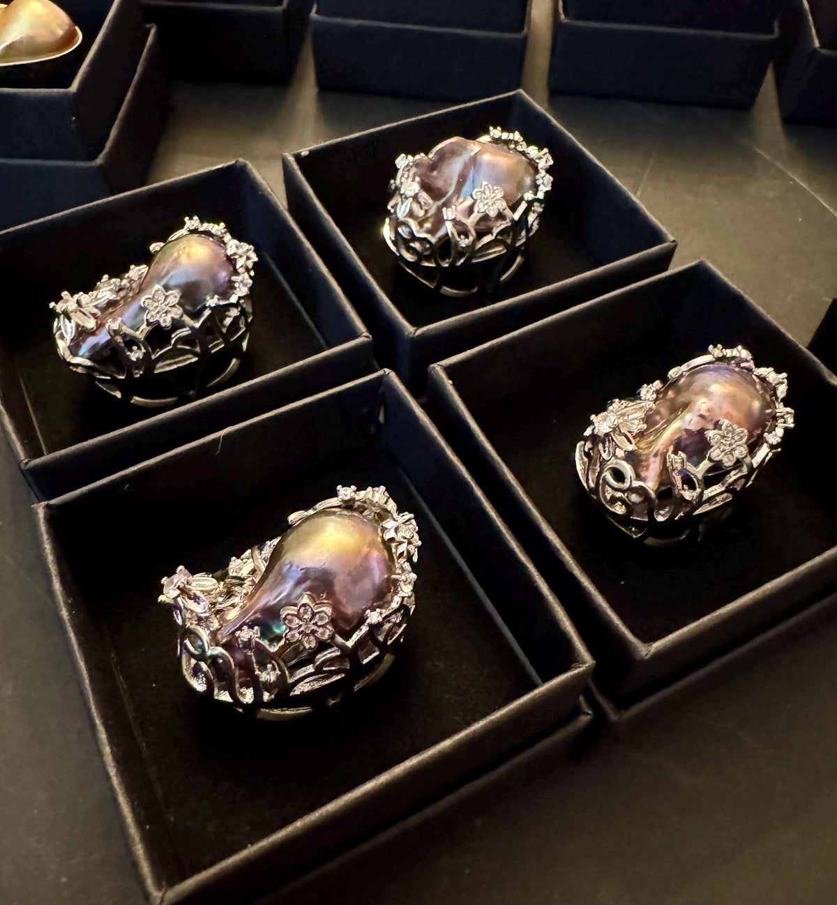 Giant Black Baroque Pearl Ring: Iridescent 14k White Gold Plated Alloy, Adjustable