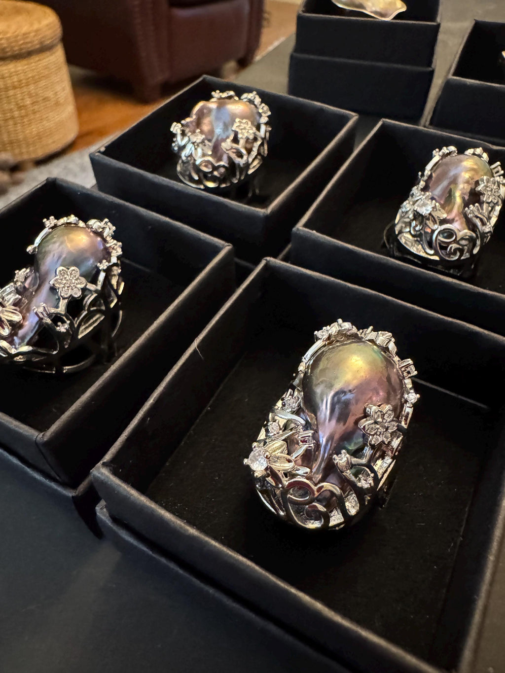 Giant Black Baroque Pearl Ring: Iridescent 14k White Gold Plated Alloy, Adjustable