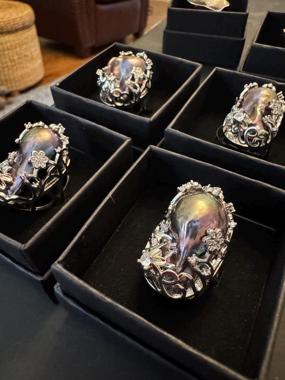Giant Black Baroque Pearl Ring: Iridescent 14k White Gold Plated Alloy, Adjustable