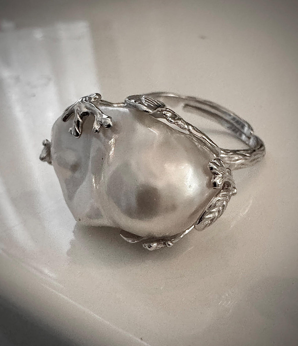 Chunky SOLID Engraved Sterling Silver GIANT White Iridescent Flameball Pearl Ring