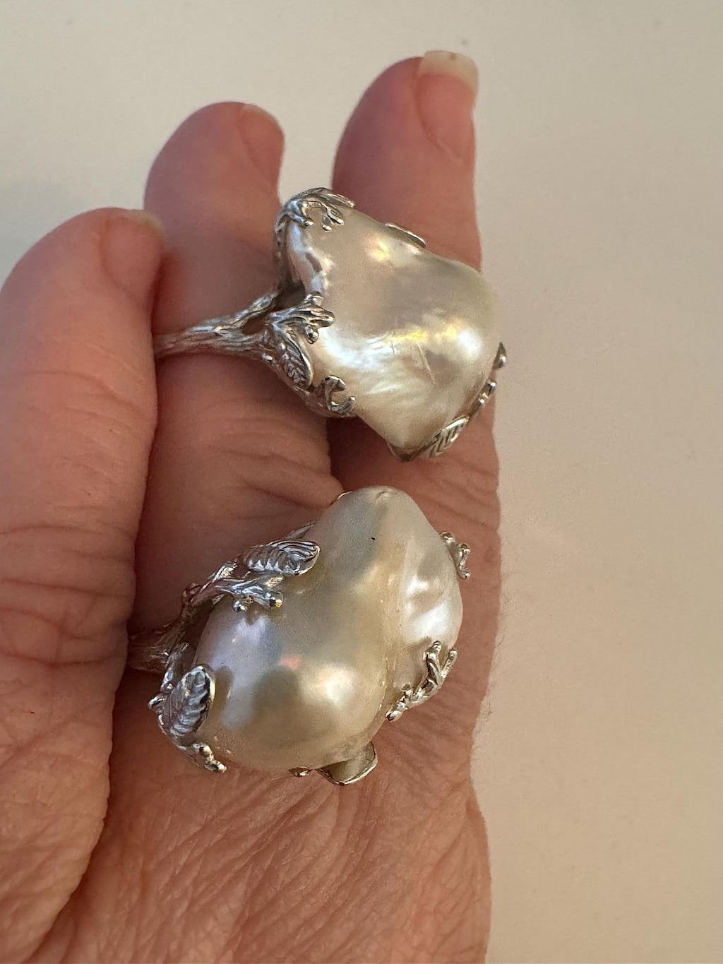 Chunky SOLID Engraved Sterling Silver GIANT White Iridescent Flameball Pearl Ring