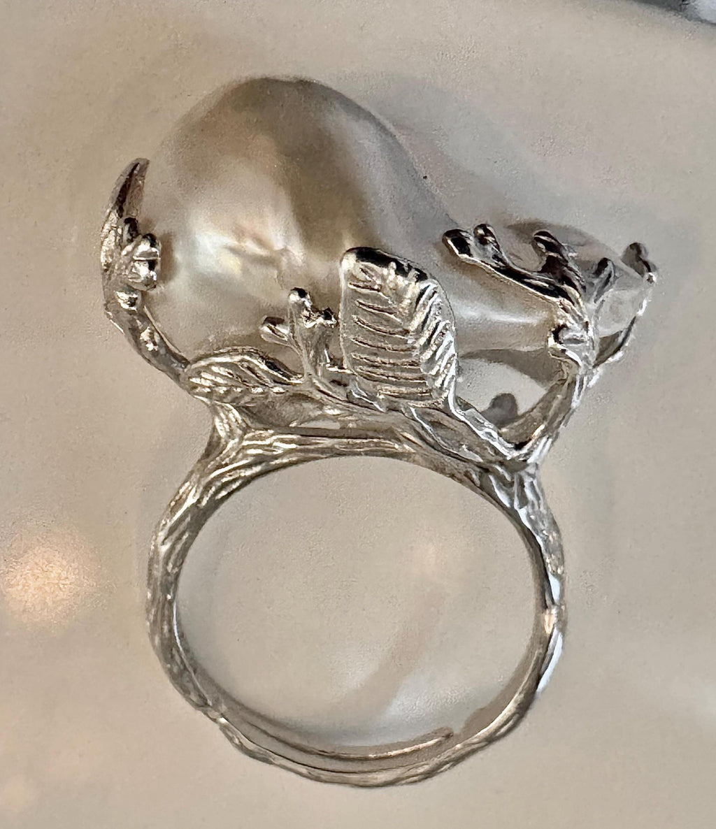 Chunky SOLID Engraved Sterling Silver GIANT White Iridescent Flameball Pearl Ring