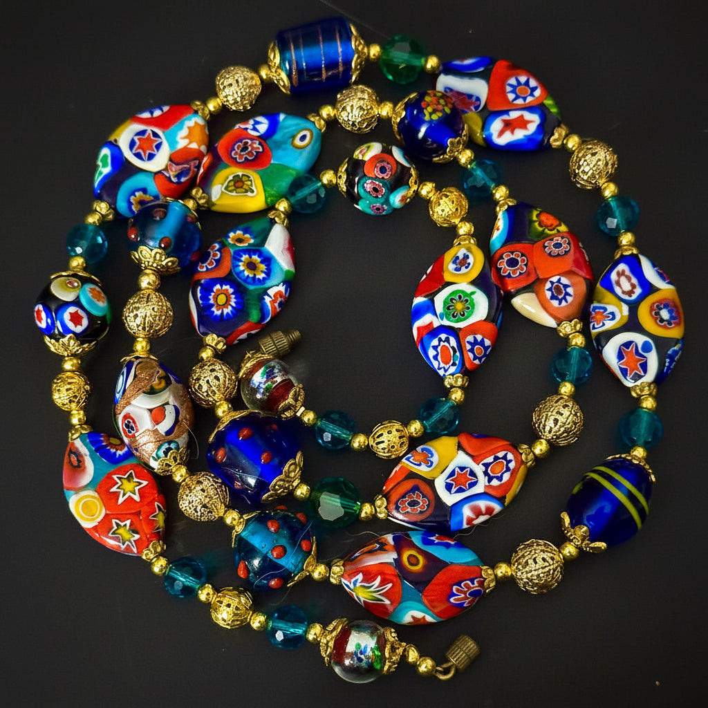 Rosario Leonardi Venetian Millefiori Murano Beaded 28” Necklace-Featuring Vintage Snowshoe Millefiori Beads