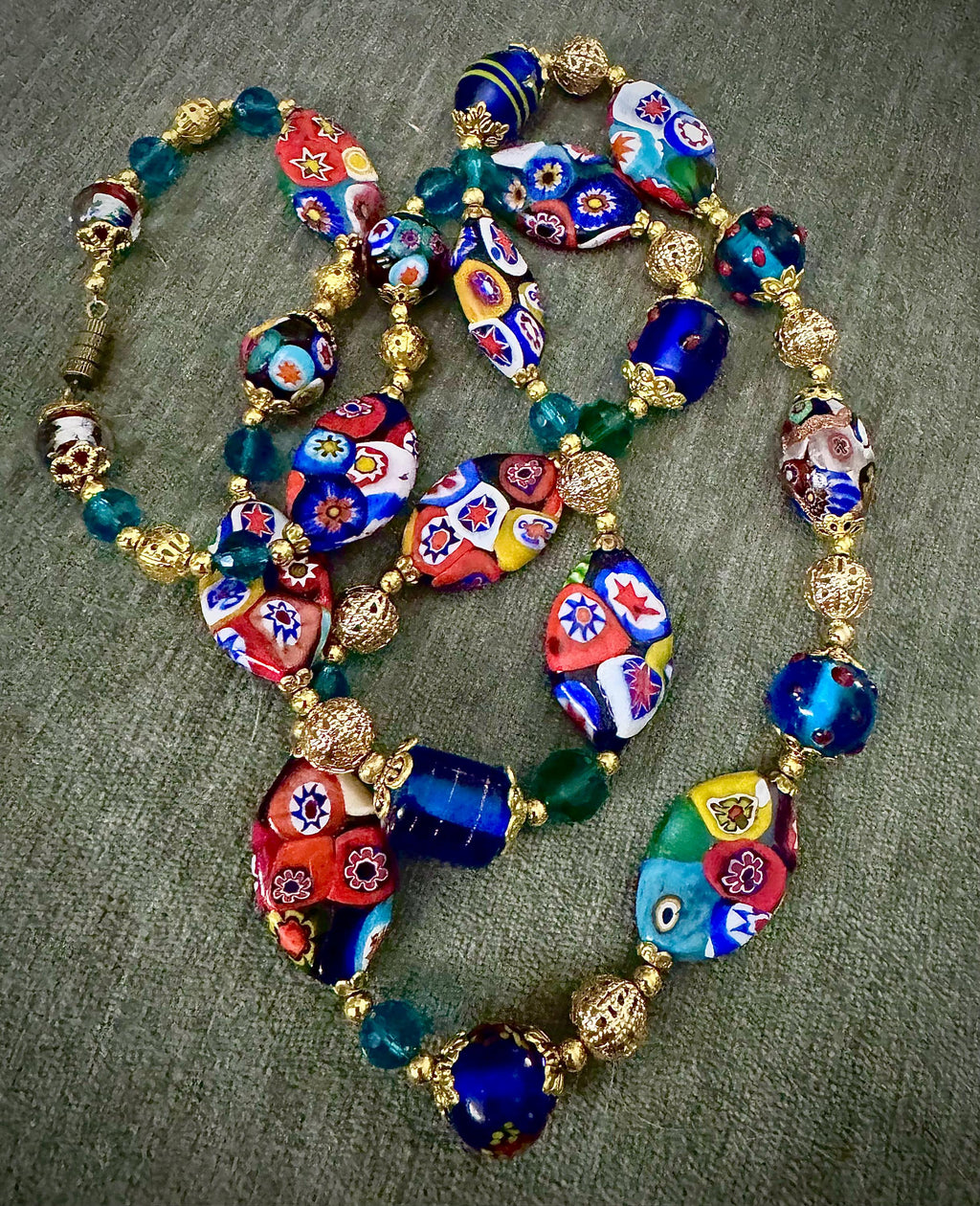 Rosario Leonardi Venetian Millefiori Murano Beaded 28” Necklace-Featuring Vintage Snowshoe Millefiori Beads