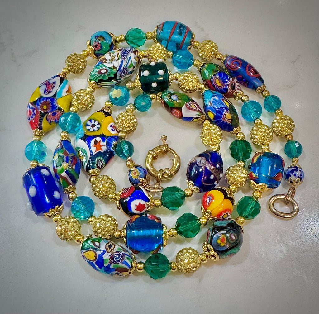 Rosario Leonardi Aqua & Gold, Vintage Murano Millefiori 34” Necklace