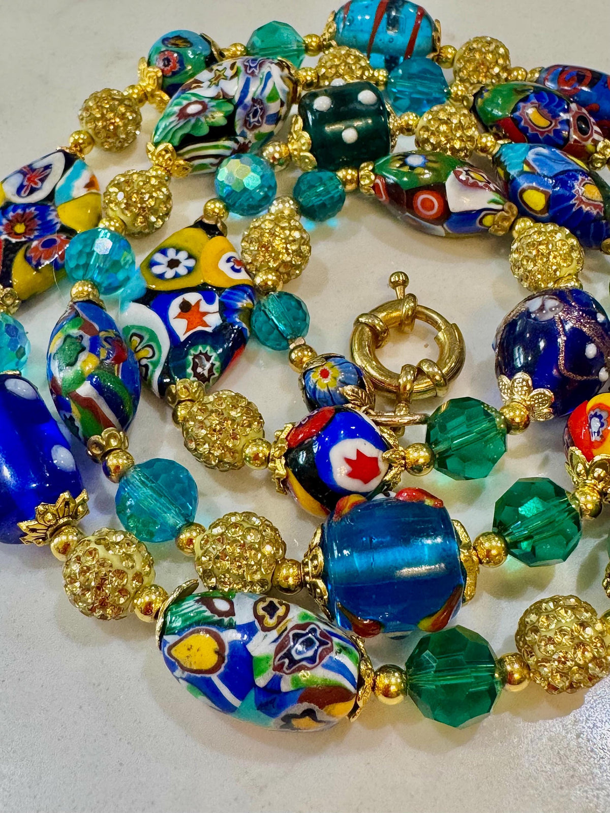 Rosario Leonardi Aqua & Gold, Vintage Murano Millefiori 34” Necklace