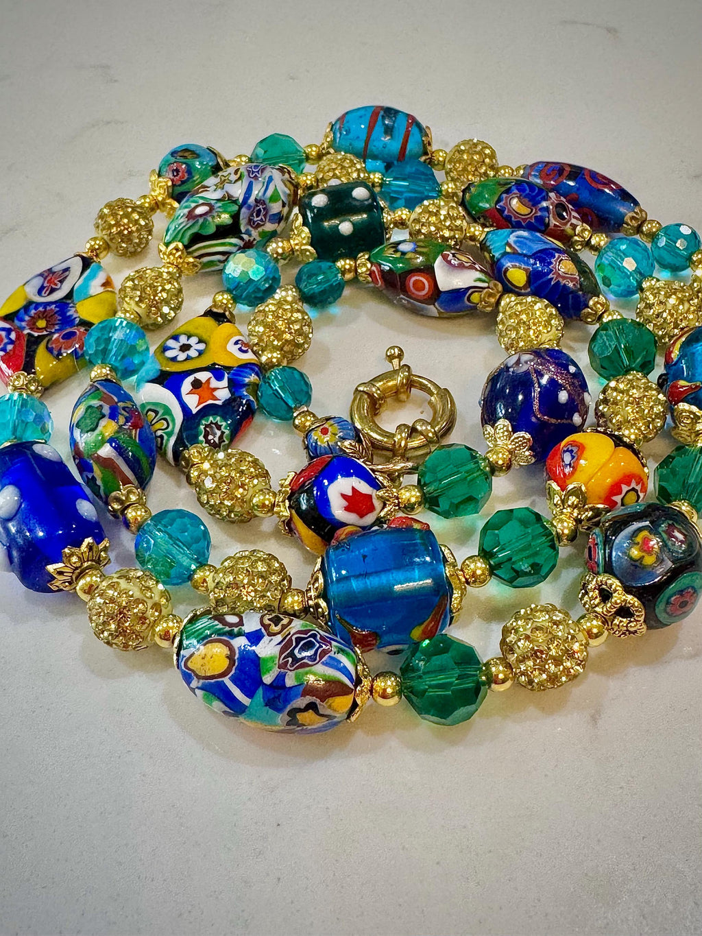 Rosario Leonardi Aqua & Gold, Vintage Murano Millefiori 34” Necklace