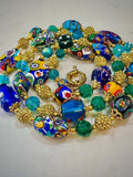 Rosario Leonardi Aqua & Gold, Vintage Murano Millefiori 34” Necklace