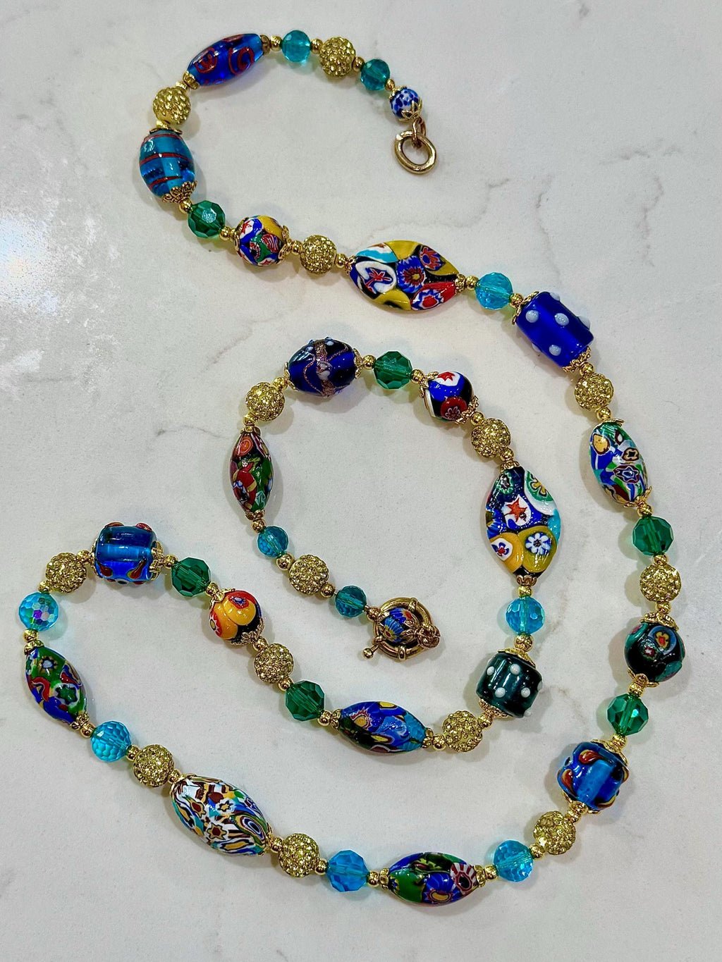 Rosario Leonardi Aqua & Gold, Vintage Murano Millefiori 34” Necklace
